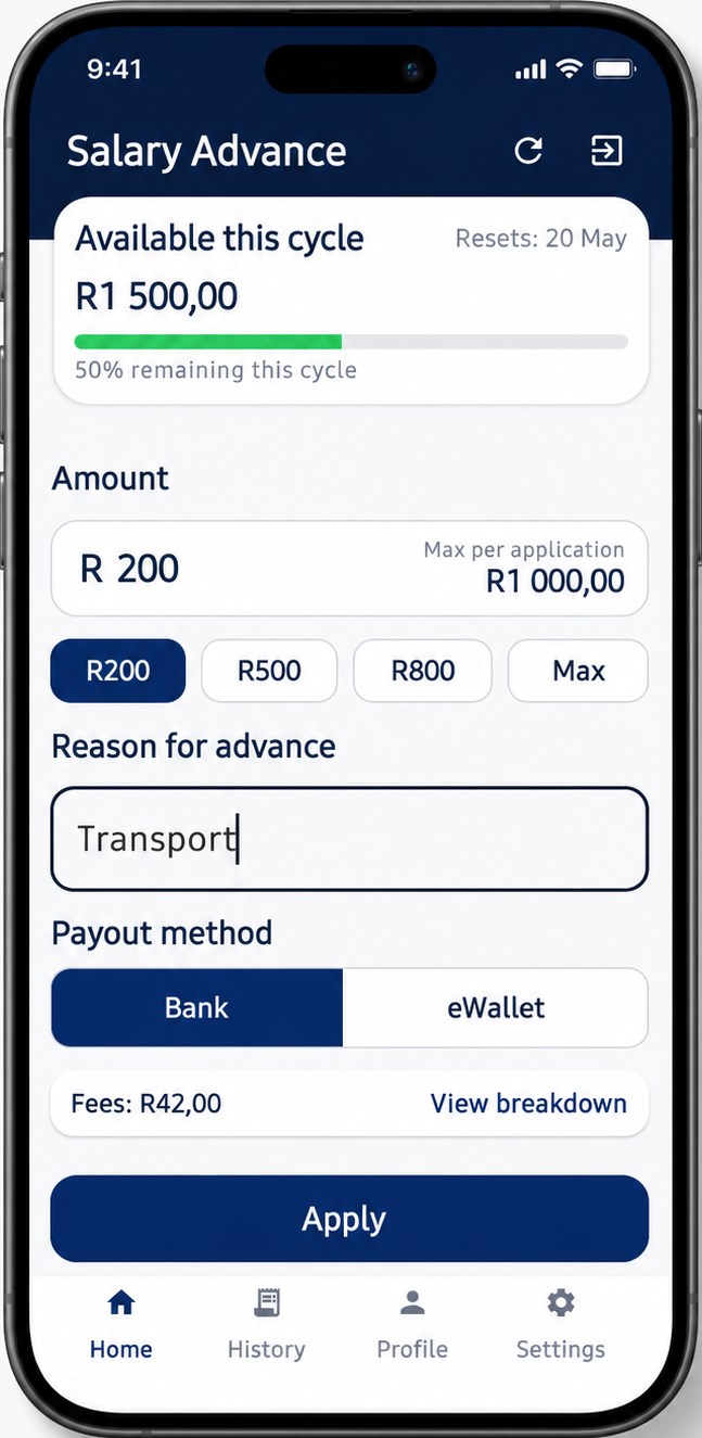 AdvanceBot Android app screen for submitting a salary advance application
