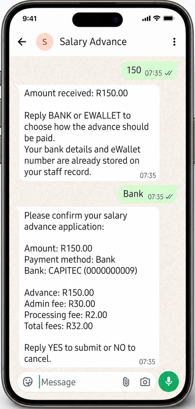 AdvanceBot WhatsApp salary advance application flow showing payout selection and confirmation