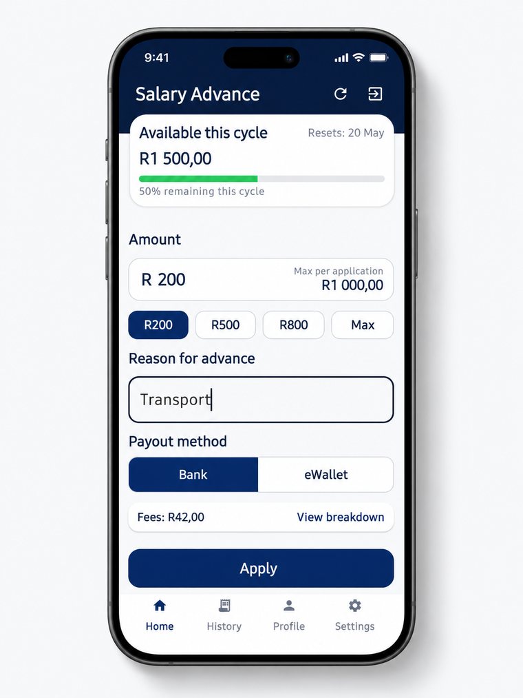 AdvanceBot Android app screen for submitting a salary advance application