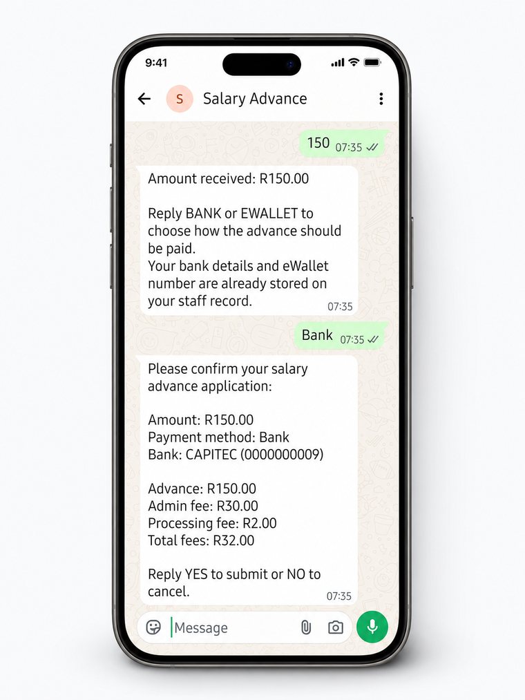 AdvanceBot WhatsApp salary advance application flow showing payout selection and confirmation